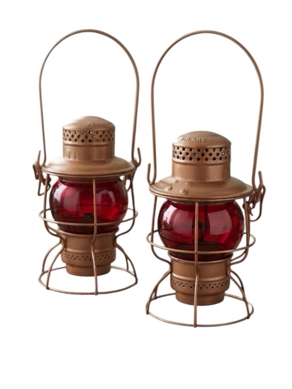 Pair of Vintage Adlake Kero Railroad Lanterns with Red Globes|Bronze Finish